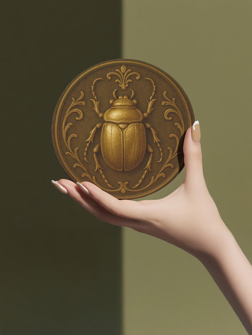 Round ceramic coaster featuring a raised bronze-tone scarab beetle and ornate filigree motif on a matte dark brown glazed surface; 4-inch diameter; backed with cork for non-slip protection; heat-resistant and easy-wipe; perfect for hot or cold beverages in mystical, dark-academic, or antique-inspired interiors.